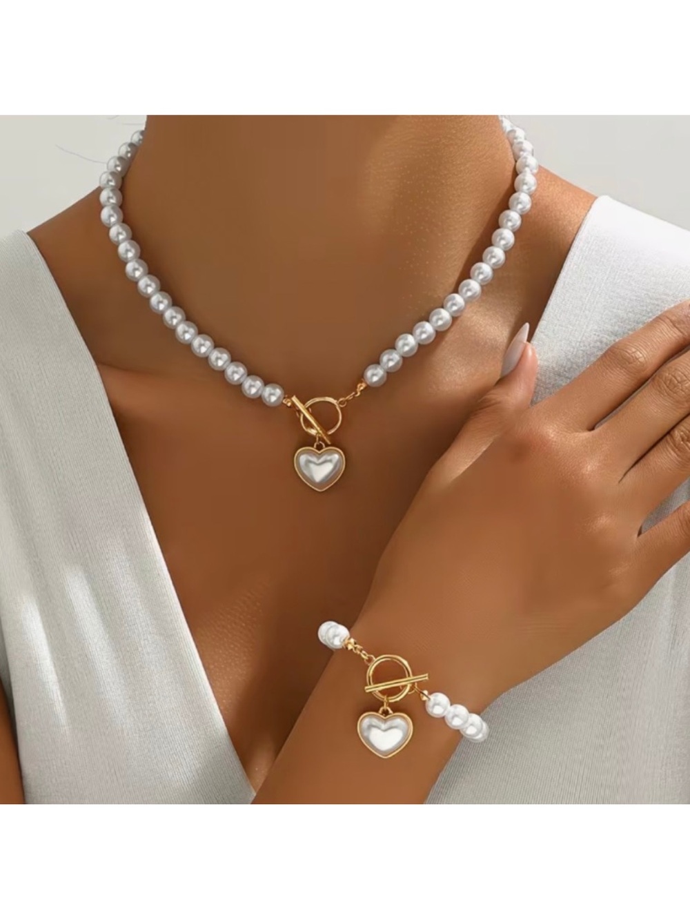 2Pc White & Gold Pearl Heart Pendant Choker Necklace & Bracelet Set Toggle N12
